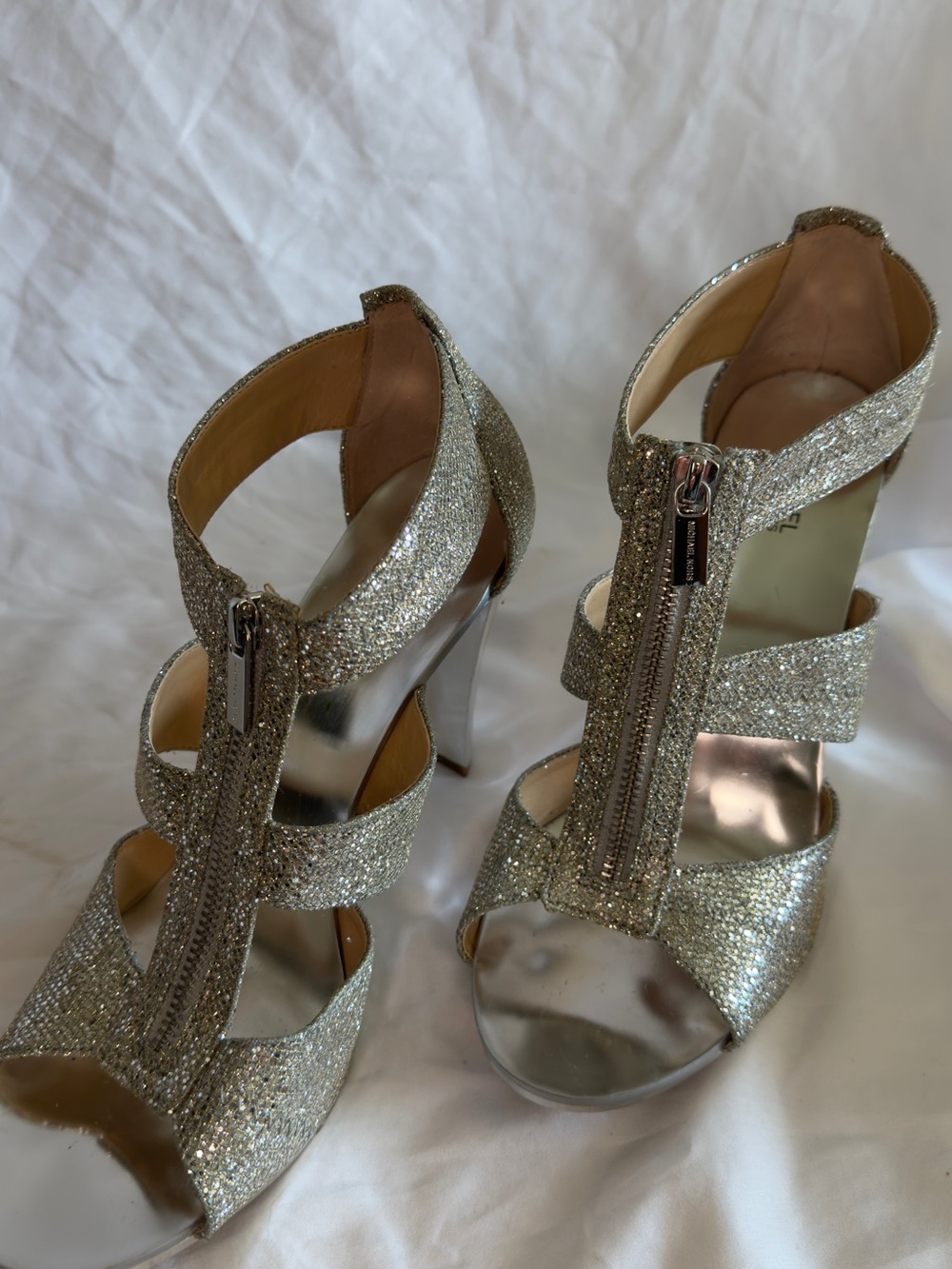 Michael Kors Silver Glitter Zip-Front High Heel Sandals